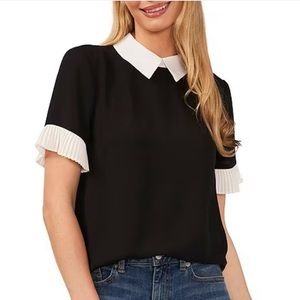 CeCe Point Collar Pleat Short Sleeve Color Block Blouse